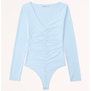 Abercrombie & Fitch Light Blue Long Sleeve Ruched V-Neck Bodysuit
